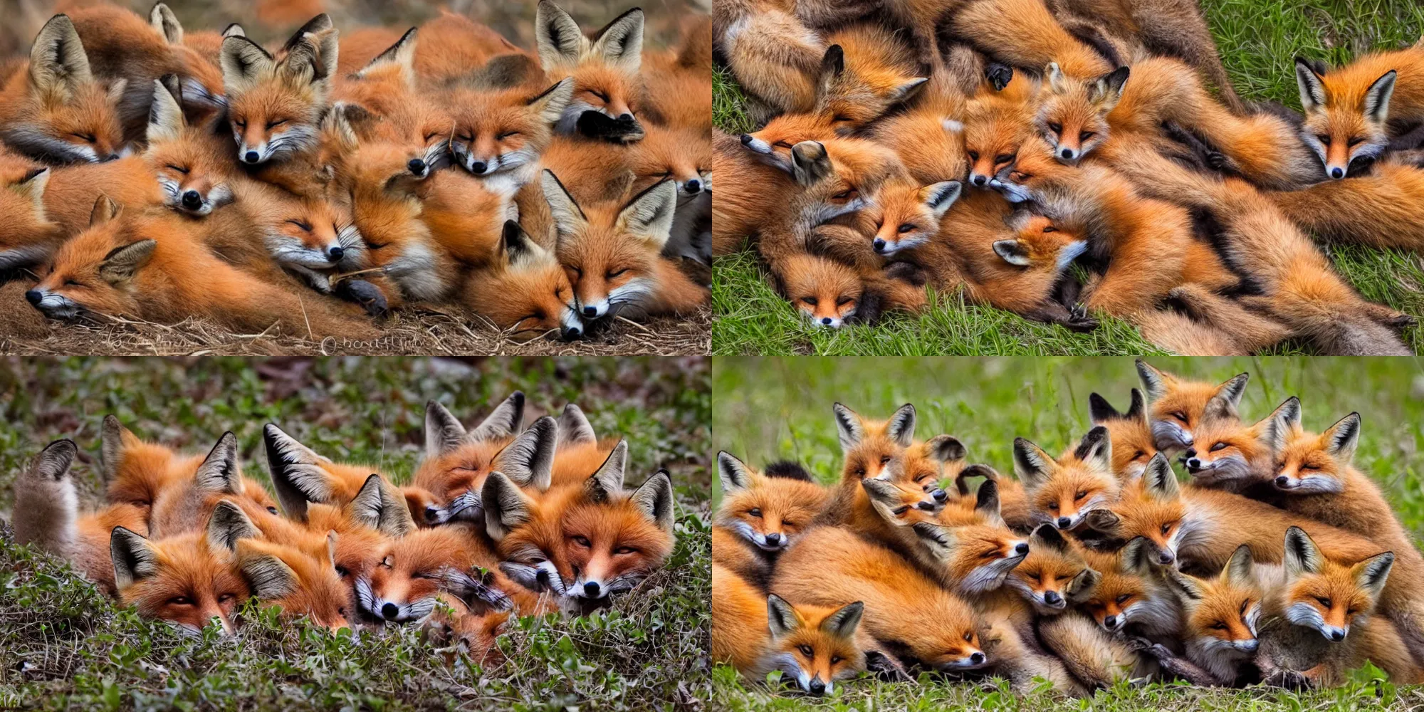 Prompt: hundreds of adorable foxes in a pile, wildlife photography