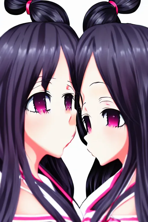 Image similar to two beautiful female idols with twintails facing each other, dark background, detailed anime art