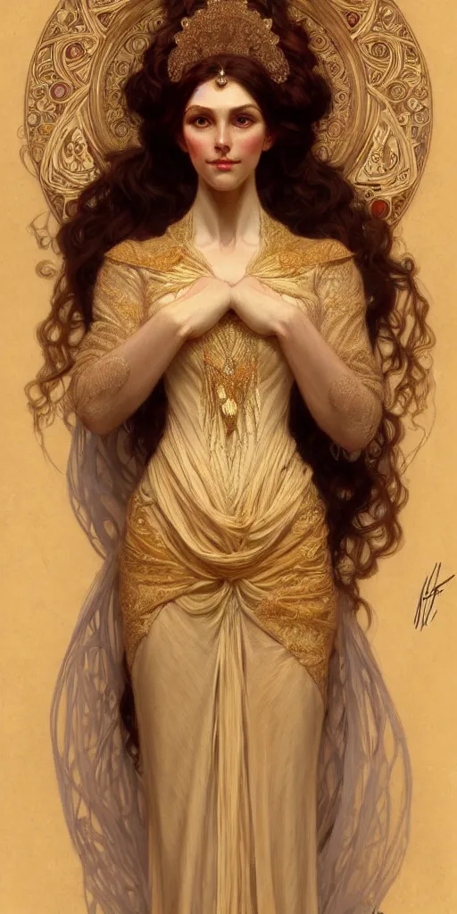 Image similar to character portrait of a modest woman, tall, feminine, powerful, modestly clothed, voluminous, intricate, elegant, highly detailed, digital painting, artstation, smooth, symmetrical, sharp focus, illustration, art by gaston bussiere and alphone mucha