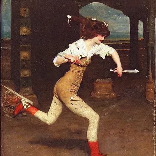 Prompt: a woman fighting a monster by alfred stevens