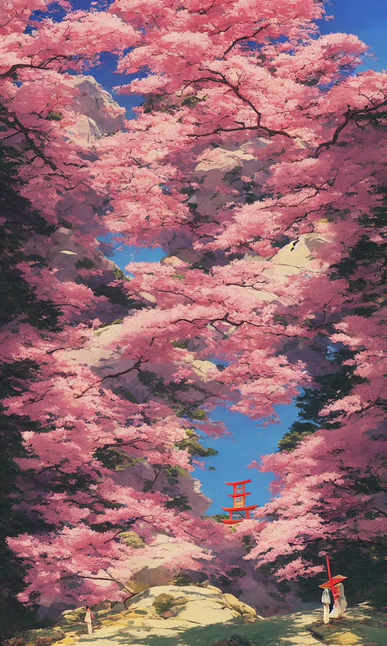 Prompt: a traditional Japanese HGUE GAINT quite Torii on a mountain，sunshine, pink petals fly, MAPLE TREE, by studio ghibli painting, wide angle , low-angle shot, by Joaquin Sorolla rhads Leyendecker, by Ohara Koson and Thomas Kinkade, traditional Japanese colors, superior quality, masterpiece