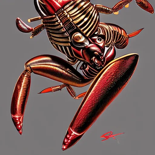 Image similar to bionic scorpion, art by peter lloyd, 1 9 8 0's art, retro art, airbrush style, art by hajime sorayama, intricate, elegant, sharp focus, illustration, highly detailed, concept art, matte, sharp focus, illustration, highly detailed, h 8 0 0