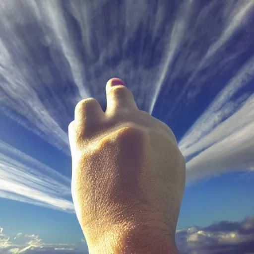 Image similar to a big hand giving a thums up through the clouds. sunshine rays