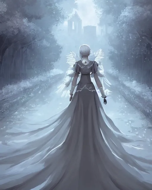 Image similar to infinitely detailed concept art of angel elegantly clothed strolling through a peaceful path, artstation!! / pixiv!!! infinitely detailed, nier automata scenery art concept, dream magical, dream scenery art, dream lighting, full - body majestic angel