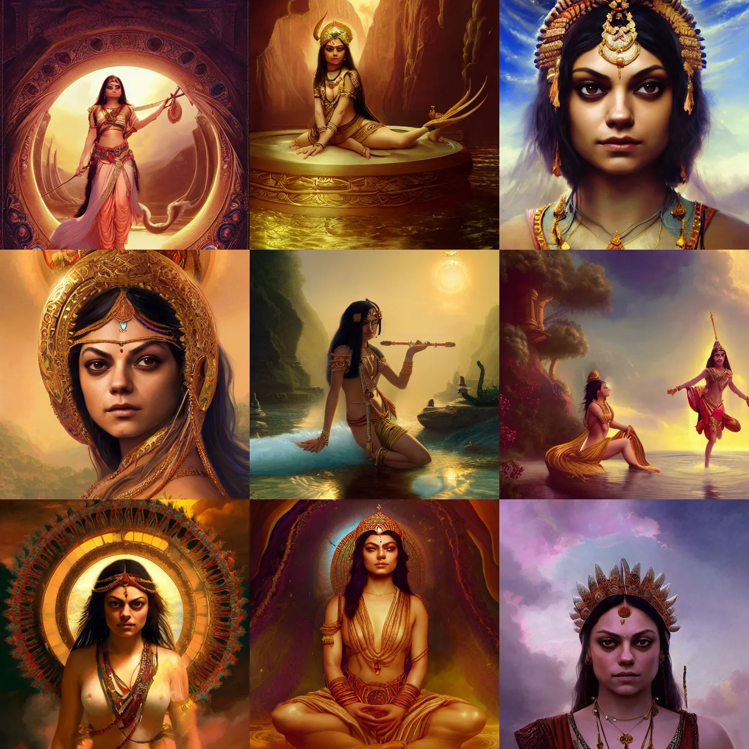 Prompt: Mila Kunis as an indian godess floting between zodiacs, magical realism, by Frank Moth and Kunrong Yap and Charlie Bowater and Jean-Léon Gérôme, high details, 8K