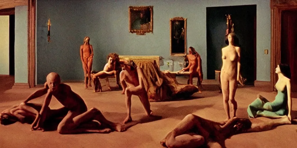 Prompt: four humanoid and chimeric creatures in an occult ritual : : still from a neoclassical 7 0's art house movie by luis bunuel and david lynch, absurd comedy : : close - up, cinestill 8 0 0 tungsten, high quality, triadic color scheme : : interior and exterior design by chirico and edward hopper,