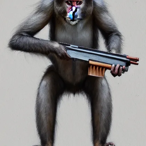 Image similar to portrait of a macaque wearing school uniform, aims his spas-12 shotgun at you, light stubble, digital art,photorealistoc,art by greg rutkowski,hyperdetailed,western comic style,comic,comic style,sharp lineart,professional lighting,deviantart,artstation,trevor henderson,rossdtaws,cinematic,dramatic