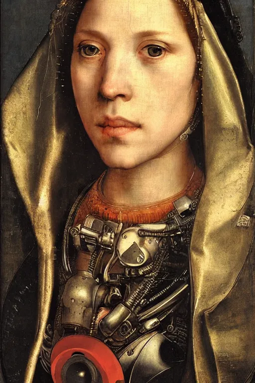 Image similar to a close - up portrait of a cyberpunk cyborg girl, by hans holbein the younger, rule of thirds