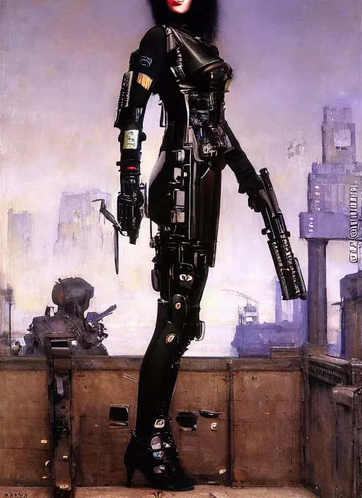 Prompt: Sgt Eliza Grim. Menacing Cyberpunk policewoman towering with robotic stilt legs and combat vest. (dystopian, police state, Cyberpunk 2077, bladerunner 2049). Iranian orientalist portrait by john william waterhouse and Edwin Longsden Long and Theodore Ralli and Nasreddine Dinet, oil on canvas. Cinematic, vivid colors, hyper realism, realistic proportions, dramatic lighting, high detail 4k