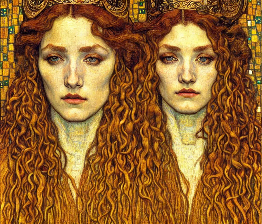 Image similar to detailed realistic beautiful young medieval queen face portrait by jean delville, gustav klimt and vincent van gogh, art nouveau, symbolist, visionary, gothic, pre - raphaelite, muted earthy colors, desaturated