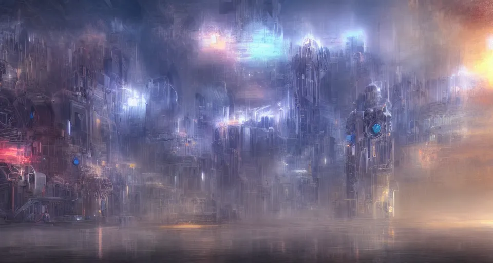 Image similar to Mech robot city. By Joseph Mallord William Turner, fractal flame, highly detailded