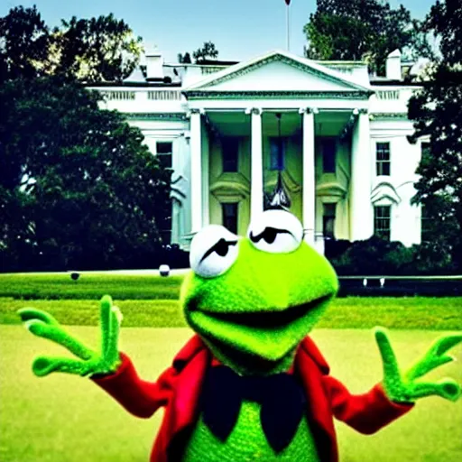 Image similar to “Kermit the Frog as president of the United States, wearing a suit and tie in front of the White House with a helicopter, photo journalism unreal 4k”