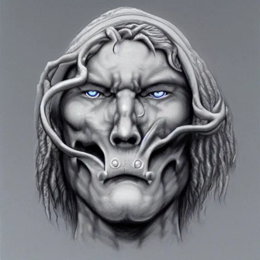 Image similar to hyperrealistic drawing of a marble stone sculpture of the bust of a storm giant, empty eye sockets, crown of metal, by larry elmore