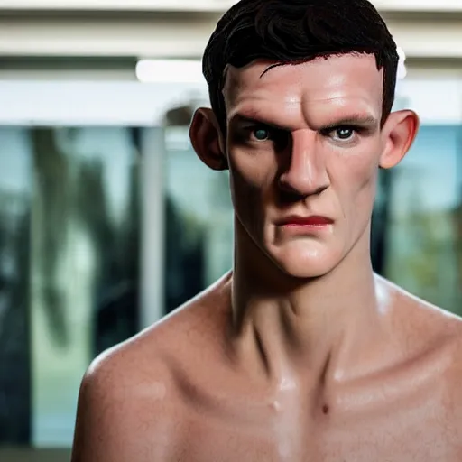 Image similar to a realistic detailed photo of a guy who is an attractive humanoid who is half robot and half humanoid, who is a male android, soccer player declan rice, shiny skin, posing like a statue, blank stare, by the pool, on display