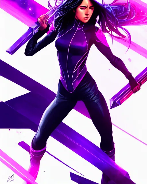 Image similar to Psylocke Chloe Bennet long hair, holding purple Halo energy sword, realistic character concept, action pose, comic book, illustration, slender symmetrical face and body, artstation, cinematic lighting, hyperdetailed, artgerm, 8k, Rafeal Albuquerque comic book art, single face, insanely detailed and intricate, beautiful