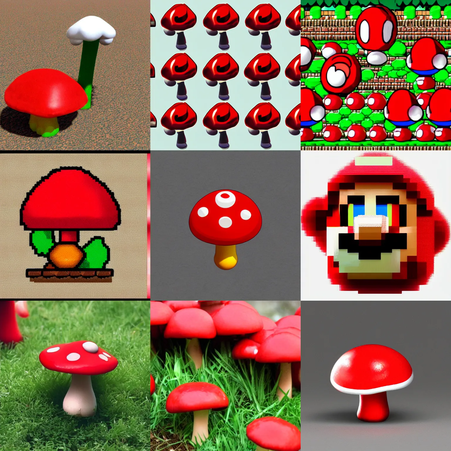 Prompt: 3 2 bit red mushroom from super mario