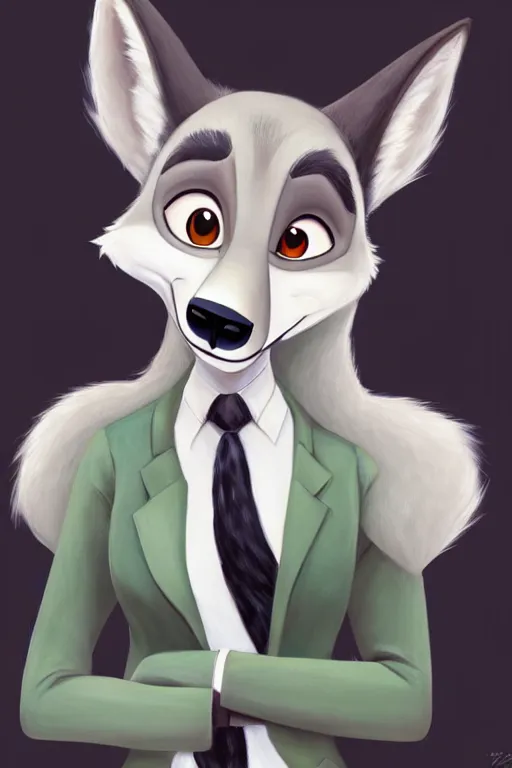 Image similar to oil painting of anthromorphic female wolf, in style of zootopia, female fursona, furry, furaffinity, 4 k, deviantart, furry art, fursona art, wearing black business suit, business suit, wolf fursona, female, smug expression,