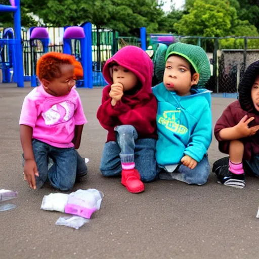 Prompt: gangsta toddlers gang selling drugs in the playground