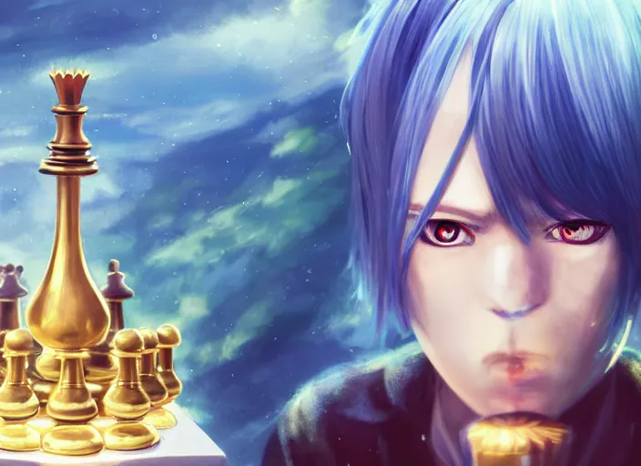 Image similar to rimuru playing chess, with gold eyes, straight hair, sky blue hair, long bangs, high collar, concept art, award winning photography, digital painting, cinematic, by wlop, anime key visual, wlop, 8 k, by ross tran, tom bagshaw, andy warhol