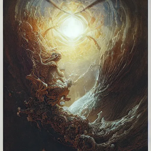 Prompt: ellen jewett, beautiful surreal palatial pulsar at dawn, creation of the world, let there be light, light separated from dark, genesis, gustave dore, ferdinand knab, jeff easley, mystical