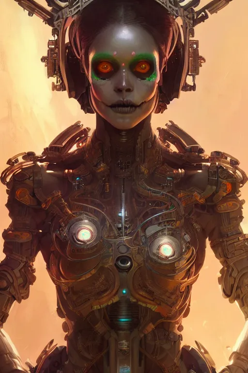 Prompt: ultra detailed female android, scifi, fantasy, octane render, ( dia de los muertos ), asymmetrical, intricate concept art, intricate detailed environment, global illumination, art by godmachine and michael welan and rossdraws and greg rutkowski and alphonse mucha and loish and wlop