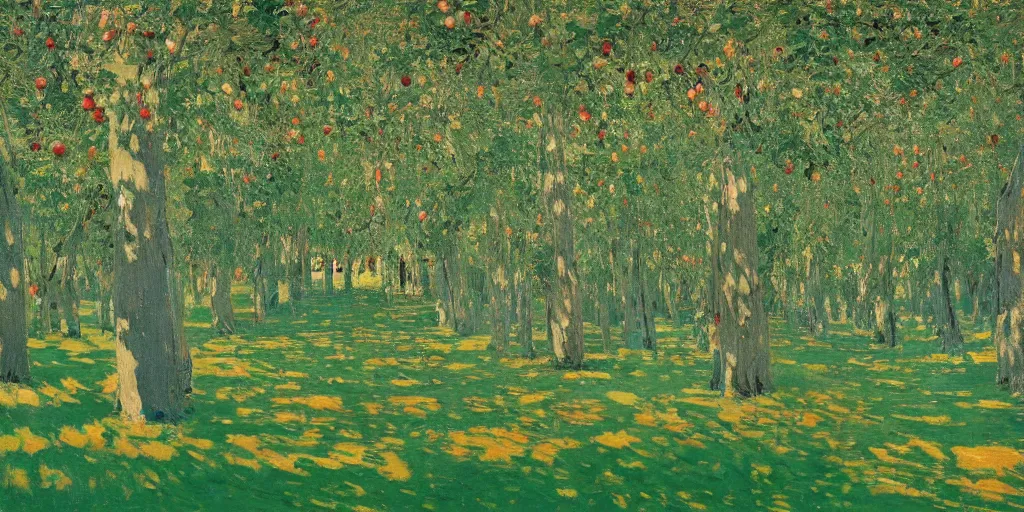 Prompt: a beautifully detailed painting of an inexplicably magical grove of supernaturally tall apple trees that stretch and twine upwards forming a vast colonnade of trunks that stretch out in rows far into the distance, rolling valley of lush green grass, canopy of leaves and apples lit by the fire of an evening sun, by Cuno Amiet and Frederic Edwin Church, trending on artstation deviantart