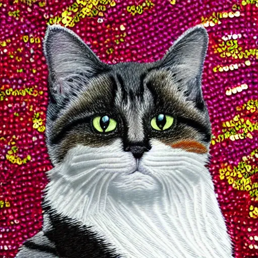 Image similar to a photo of a cat embroidered with sequins, hyperrealistic, textured, animal portrait, f 2. 8