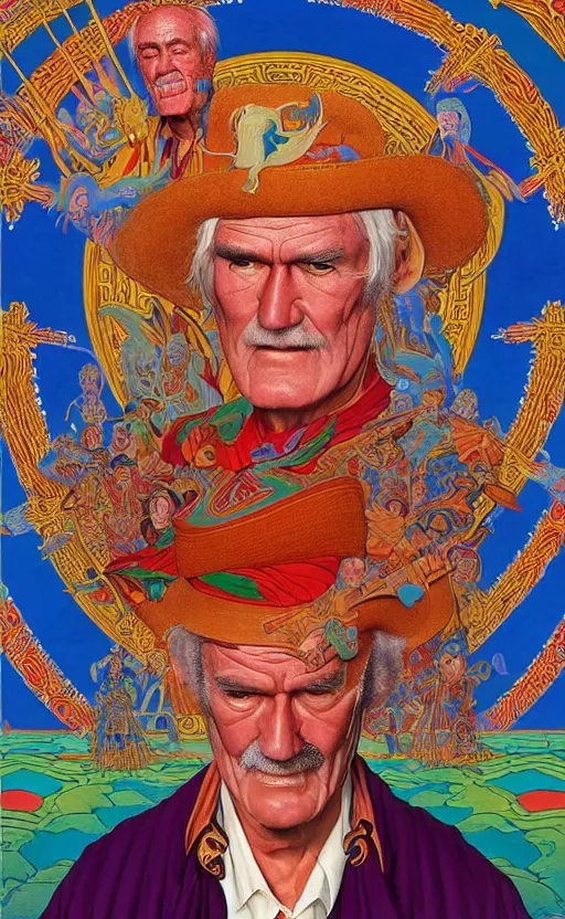 Prompt: an astonishing and hilarious jean giraud work of art of timothy leary in the style of a renaissance masters portrait, mystical and new age symbolism and tibetan book of the dead imagery, intricately detailed, 4 k