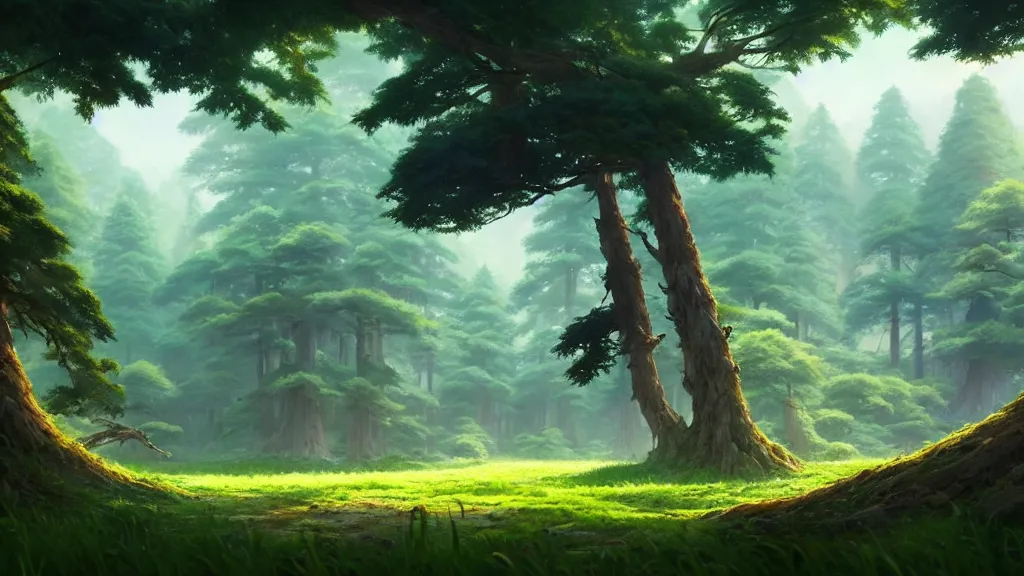 Image similar to forest clearing landscape, studio ghibli, pixar and disney animation, sharp, rendered in unreal engine 5, highly detailed, digital painting, artstation, concept art, smooth, sharp focus, illustration, wide angle, artbook, wallpaper, splash art, promo art, dramatic lighting, art by artgerm and greg rutkowski and bo chen and jin xiaodi