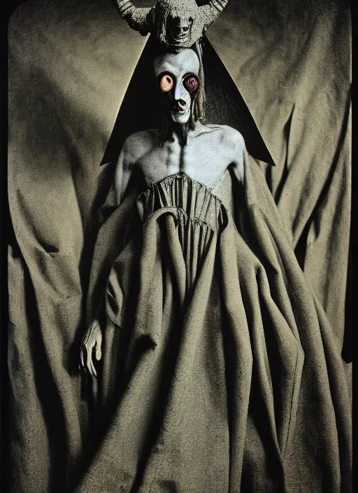 Prompt: fashion editorial photograph of mephistopheles by hieronymus bosch, misha gordin, joel peter witkin, gustave dore, vibrant colors, kodak ektachrome