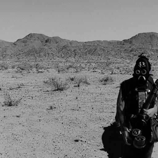 Image similar to a man wearing a gasmask, heavily equipped, in the desert, film still, panasonic 35mm