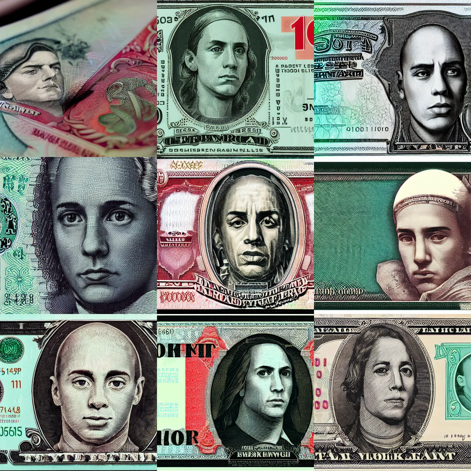 Prompt: close-up on banknote with intaglio style face of eminem