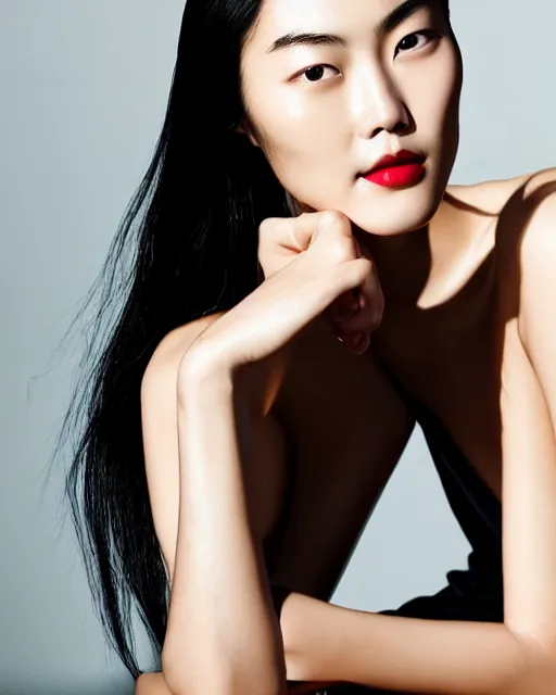 Image similar to photo portrait Liu Wen, beautiful face, faint red lips, slicked back hair, fashion photoshoot, cover girl, real-life skin, skin care, light makeup