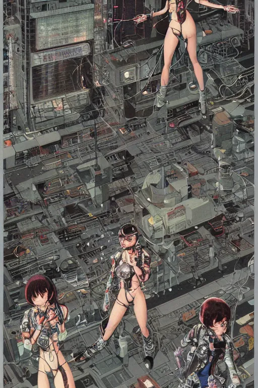 Image similar to a hyper-detailed cyberpunk magazine cover illustration of a group of four female androids' body pieces with cables and wires coming out, lying scattered over an empty floor, by masamune shirow and katsuhiro otomo, seen from above, japan 1980s