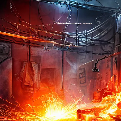 Image similar to red hot frying pan with bacon, tangles of metallic cables, dark messy smoke - filled cluttered workshop, dark, dramatic lighting, orange tint, sparks, plasma charges, cinematic, highly detailed, sci - fi, futuristic, movie still