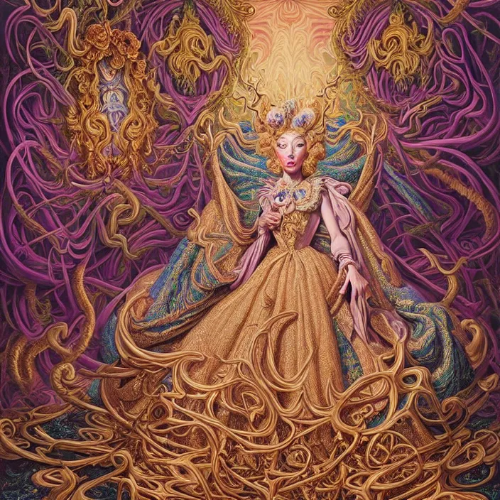 Image similar to beautiful oil painting, full length portrait of dauphinois in baroque coronation robes 1701, Dan Mumford, Dan Mumford, Alex grey, hyacinthe rigaurd, highly detailed , lsd visuals, dmt fractal patterns, hallucinogen, visionary art, psychedelic art, ornate, vaporwave, baroque, Greg rutkowski