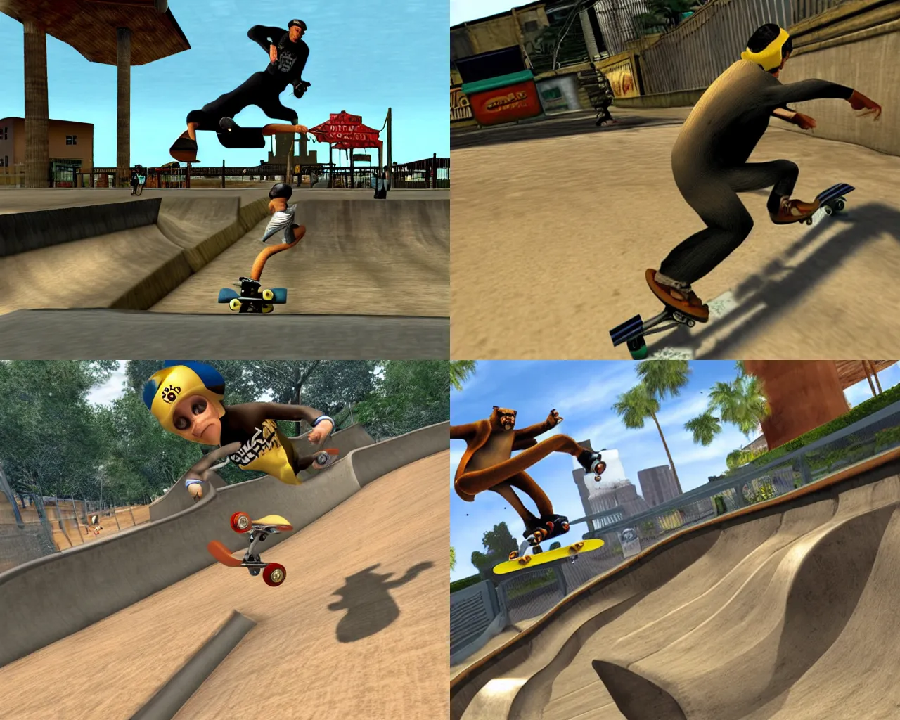 Prompt: monkey riding skateboard in tony hawk's pro skater 3, playstation 2 gameplay still