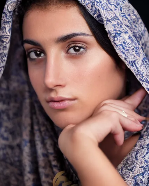 Image similar to a highly realistic, true to life portrait of a beautiful young middle eastern girl, sharp focus, from the waist up, with sharp features, a beautiful face, soft smile, under studio lighting, taken with a canon eos camera with 1 3 5 mm focal length, by annie leibovitz