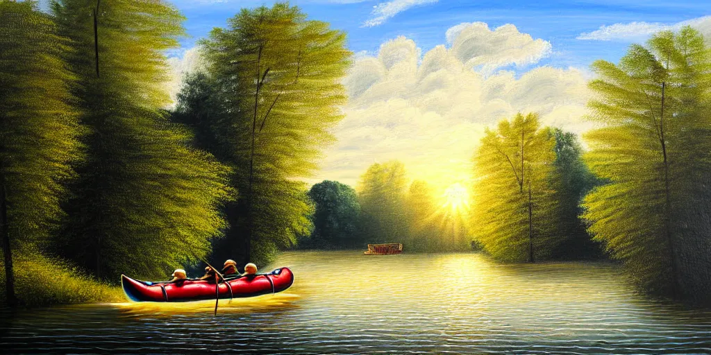 Image similar to A very detailed painting featuring a river in Europe surrounded by trees and fields. A rubber dinghy is slowly moving through the water. Sun is shining. minimalist painting