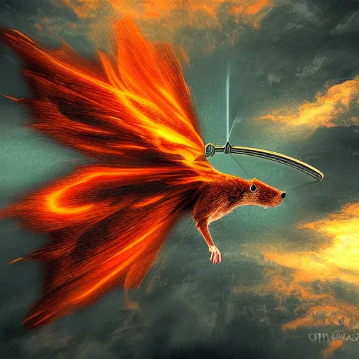 Image similar to a mouse with clockwork wings flying through thick orange clouds, fantasy digital art