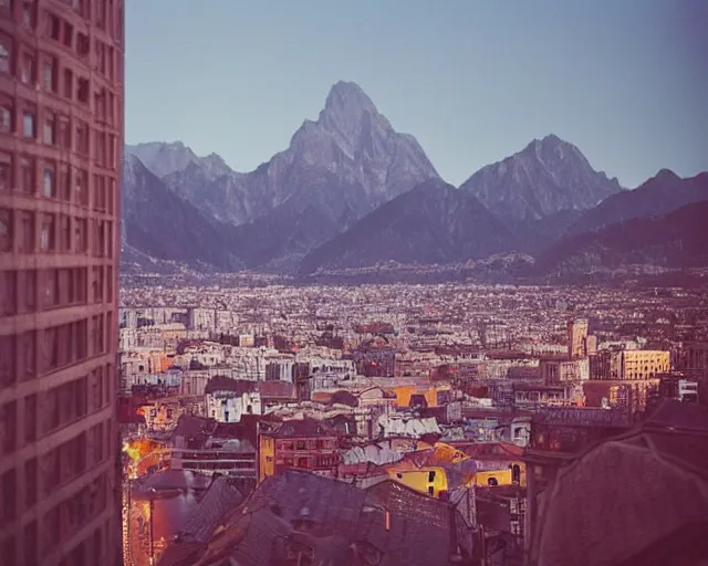 Image similar to calm and soft city view with bokeh, mountains in a city, fantasy world, magic perspective photo, calm lighting, soft world, pleasant, kodak portra 8 0 0