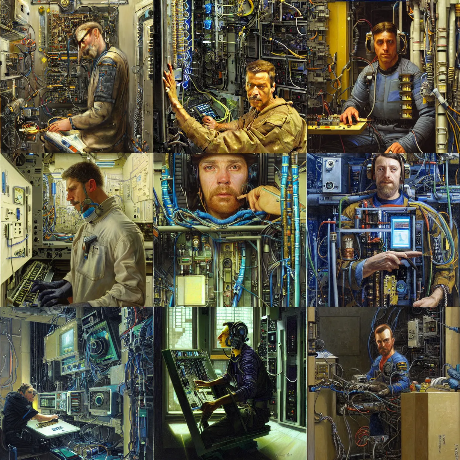 Prompt: painting by donato giancola, portrait of a cyberpunk technician engineer