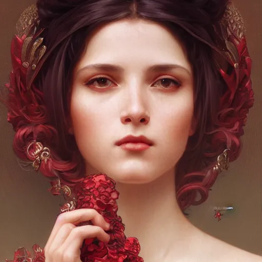 Image similar to portrait of scarlet goddess, intricate, elegant, highly detailed, digital painting, artstation, concept art, smooth, sharp focus, illustration, art by artgerm and greg rutkowski and alphonse mucha and william - adolphe bouguereau