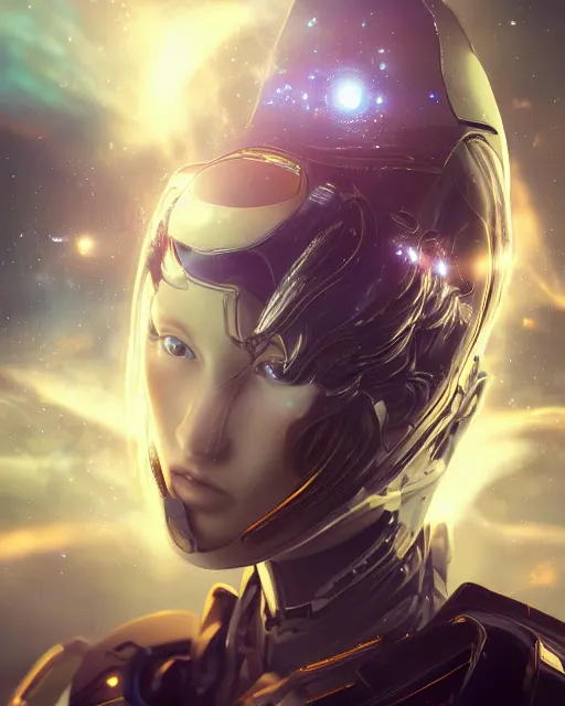 Prompt: photo of a android girl on a mothership, warframe armor, beautiful face, scifi, nebula, futuristic background, galaxy, raytracing, dreamy, reflections, golden ornaments, sparks of light, pure, long white hair, blue cyborg eyes, glow, insanely detailed, intricate, innocent, art by akihiko yoshida, antilous chao