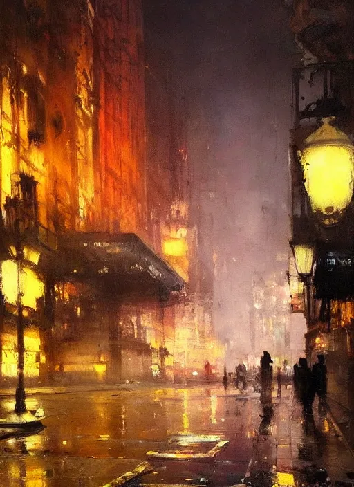 Image similar to a beautiful painting by jeremy mann of a city by night, warm colors