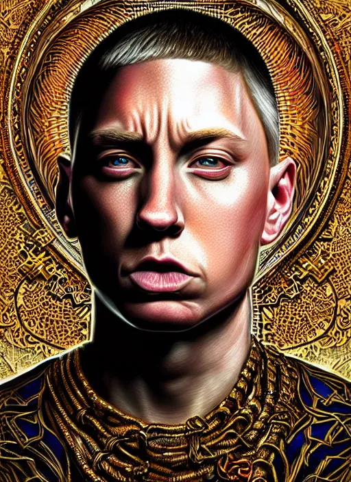 Image similar to : eminem fantasy, fantasy magic,  , intricate, sharp focus, illustration, highly detailed, digital painting, concept art, jahbu art and Paul lewin and kehinde wiley, masterpiece