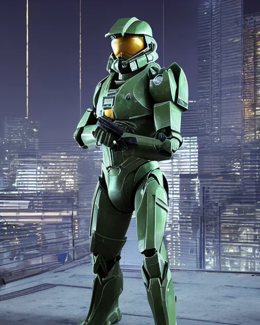 Prompt: off angle beautiful full body shot film still of master chief at night in science fiction city hard surface modeling unreal redshift