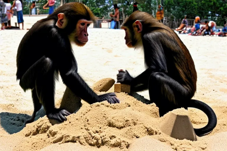 Image similar to a monkey touching a completed sand castle