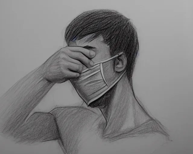 Image similar to draft drawing of a european young man covering face with fabric mask, draft sketch, trending on artstation, context art, pencil sketch, high detail