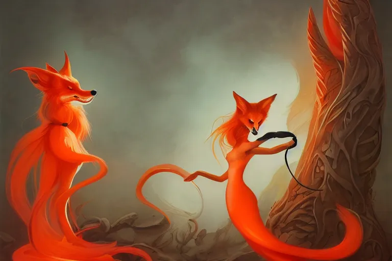 Image similar to prompt A beautiful red orange kumiho, nine fox tails, Peter Mohrbacher